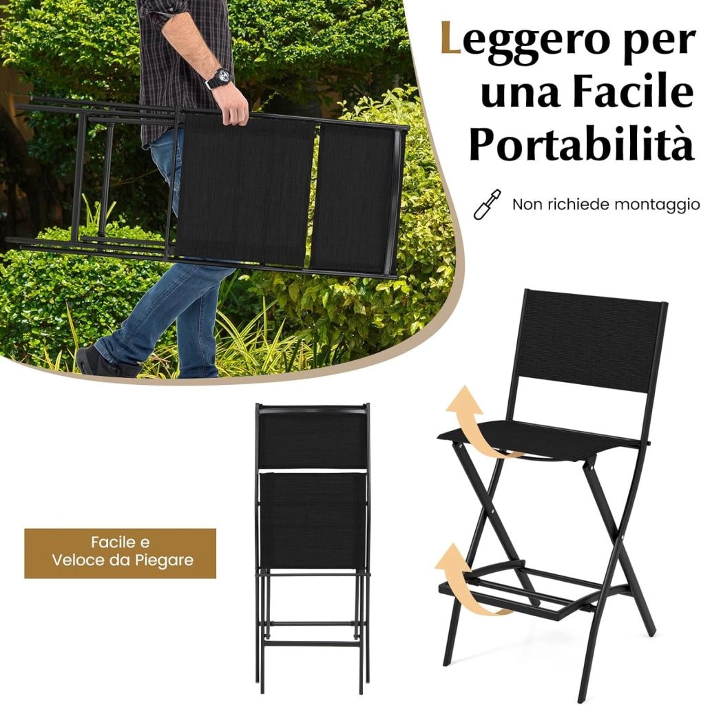 Set di Sgabelli da Bar 2 Pezzi, Sedie Alte e Pieghevoli con Telaio in Metallo e Poggiapiedi, Sedie da Bar per Balcone, Giardino e Piscina (Nero)
