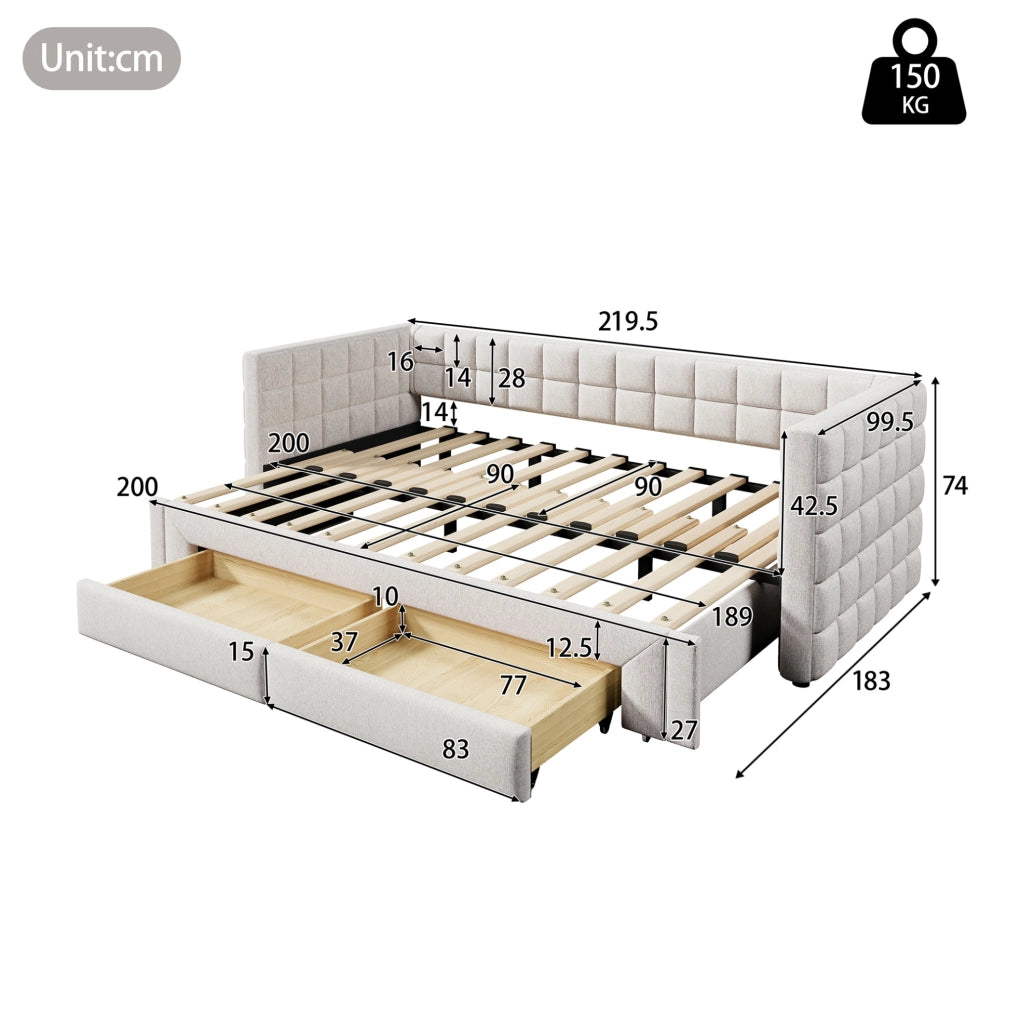 Letto a divano 90x200 cm estensibile; 2 cassetti; velluto; beige; (Senza materasso)