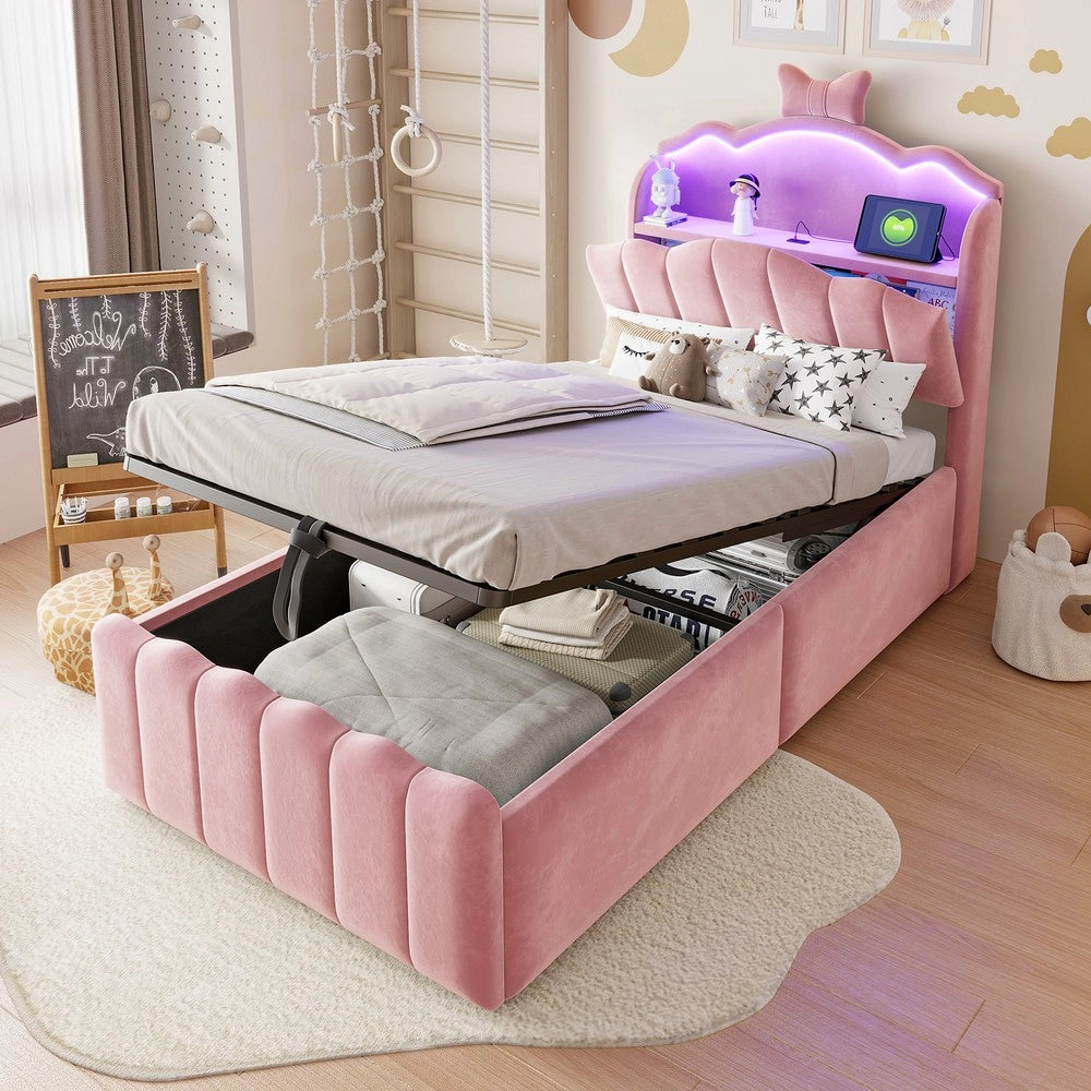 Letto imbottito per bambini con contenitore ¨C Minimal ¨C rosa velluto 90x200cm testiera led idraulico