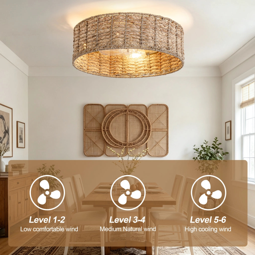 Ventilatore da soffitto 19 pollici con luce, rattan naturale, doppio controllo app e telecomando, 6 velocit¨¤ reversibili, design naturale