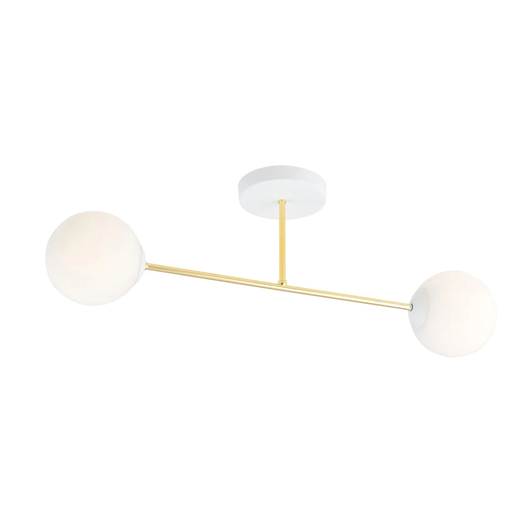 Plafoniera Moderna Magnium 2 Luci In Acciao Oro E Sfere In Vetro Bianco