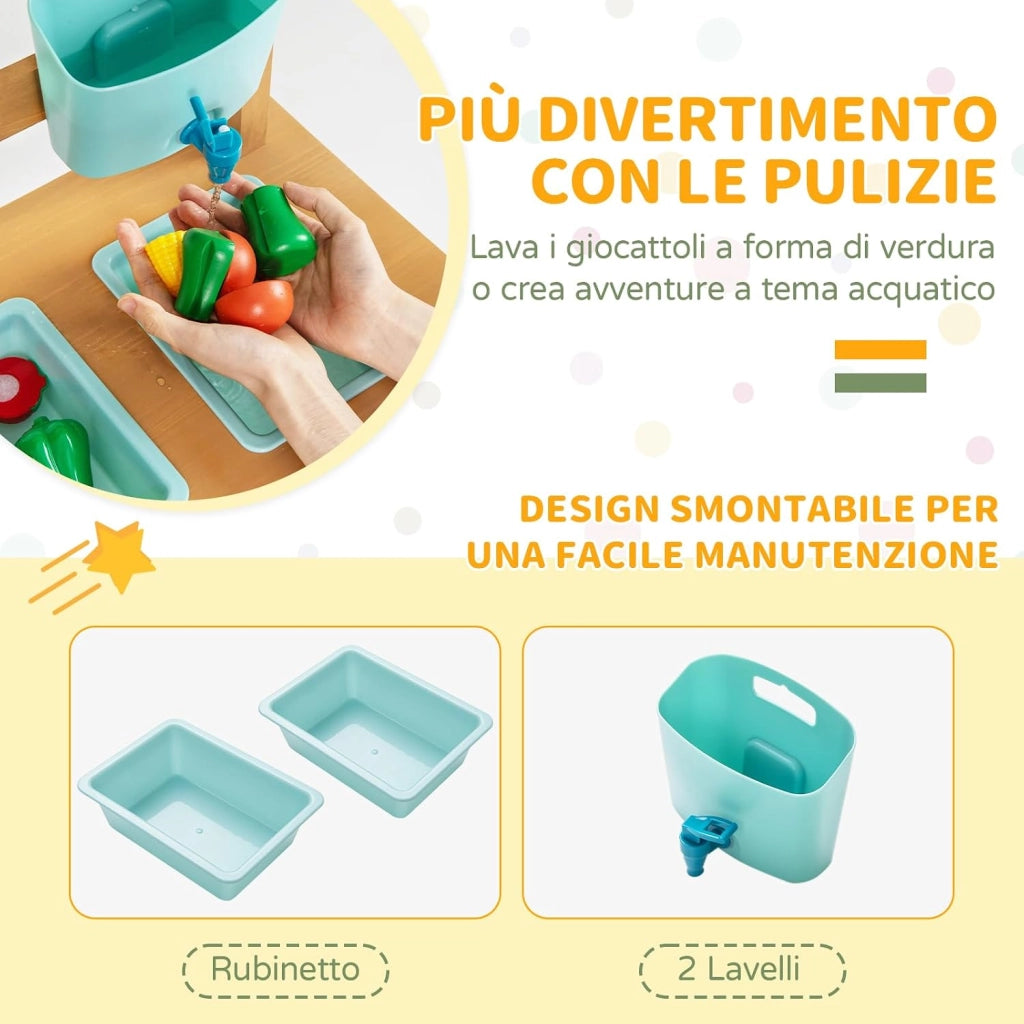 Cucina in Legno per Bambini, Cucina da Gioco all'Aperto con Rubinetto, Lavandini Rimovibili, Lavagna, Fornelli, Manopole, Vasi di Fiori e Accessori per Piantare, per Bambini 3+ Anni