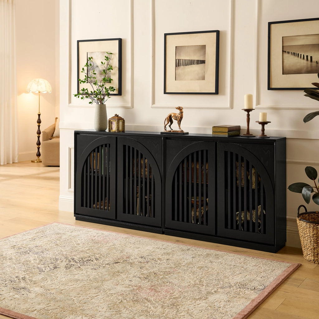 Credenza con frontali scanalati e aperture passacavo in legno e MDF nera
