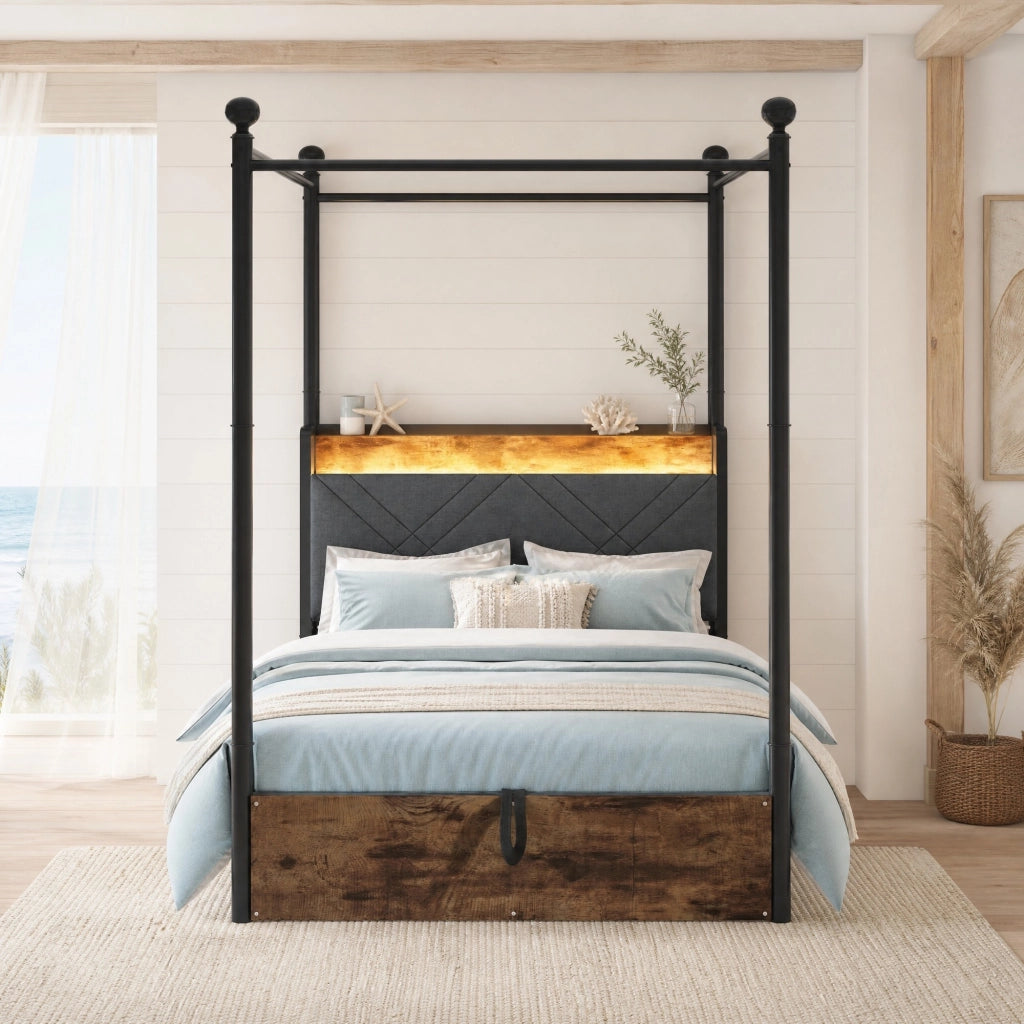 Letto singolo 90x190 cm con baldacchino removibile; contenitore idraulico; LED; USB; nero