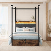 Letto singolo 90x190 cm con baldacchino removibile; contenitore idraulico; LED; USB; nero
