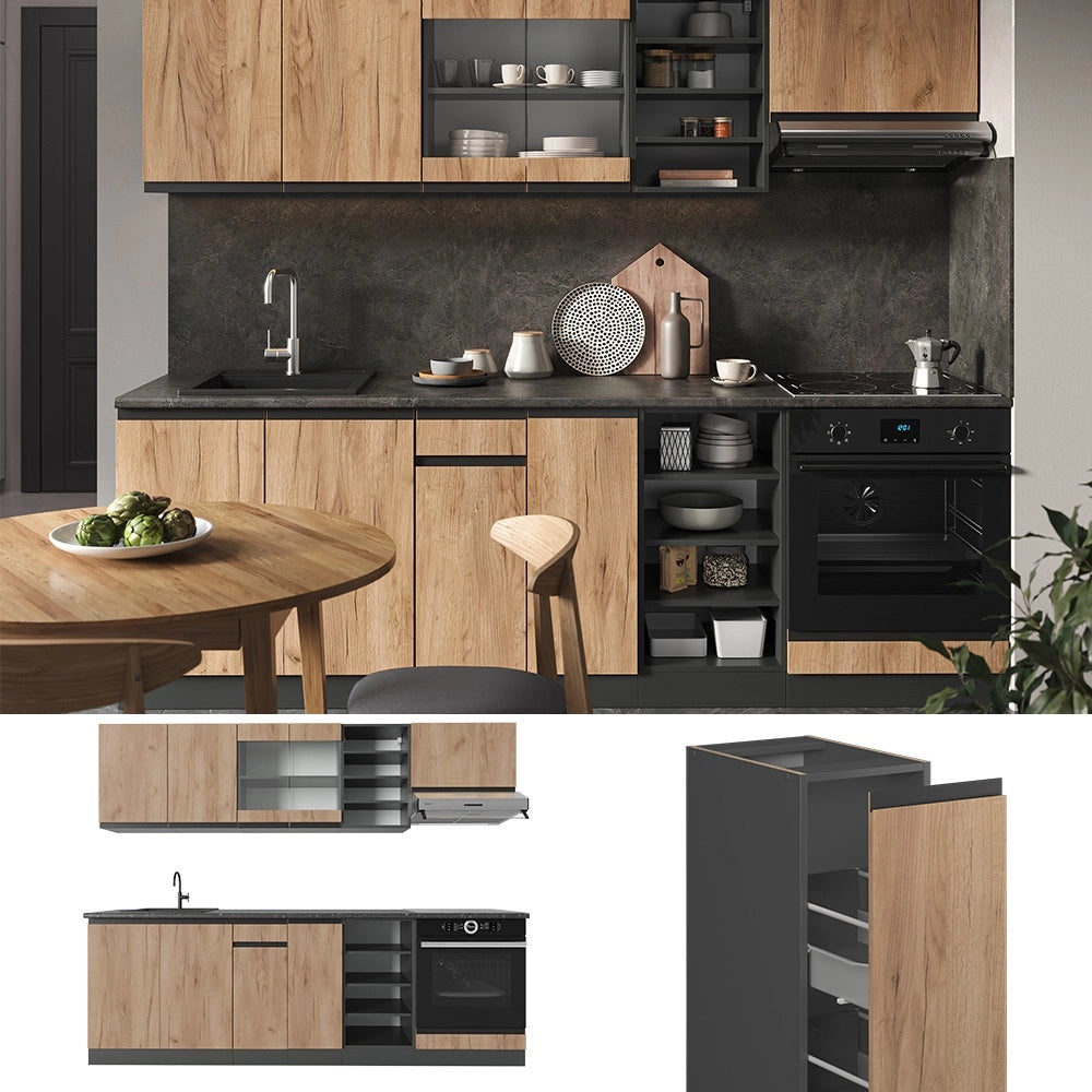 Cucina componibile R-Line Rovere dorato/Antracite 240 cm J-Shape, PL Marmo Vicco
