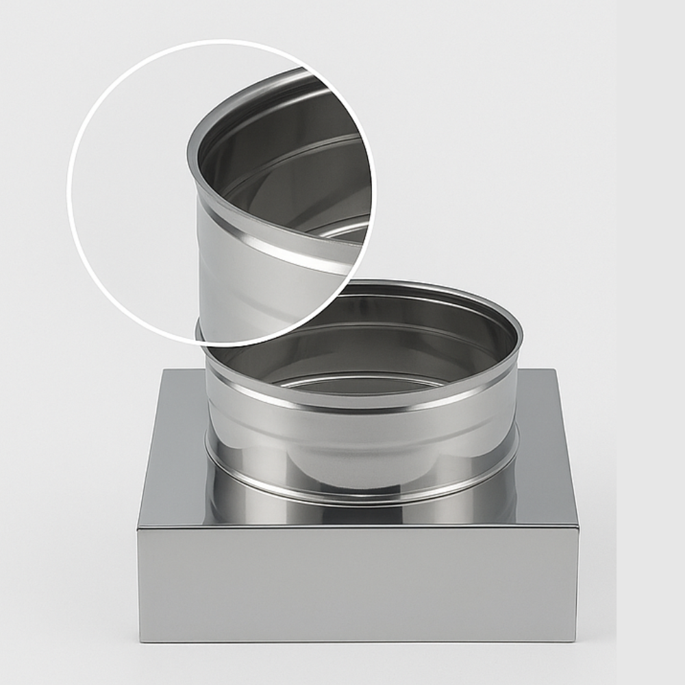 Riduzione quadra tonda 350x350 - Ø 300 mm, acciaio inox sp. 0,5 mm canna fumaria