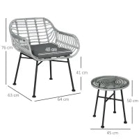 Set Mobili da Giardino in Rattan PE con 2 Sedie e Tavolino con Ripiano in Vetro, Grigio