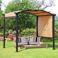 Pergola con Tende Scorrevoli da Giardino 295x245cm, Gazebo a Pergola da Esterno in Metallo Cachi