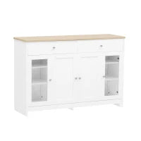 Credenza Moderna con Superficie in Legno, con 4 Ante e 2 Cassetti e Anta in Vetro, per Soggiorno e Sala da Pranzo, Bianco