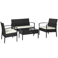 Set da Giardino 4 Pezzi in Rattan PE con Tavolino da Giardino, 2 Poltroncine e Divano 2 posti, Nero e Crema