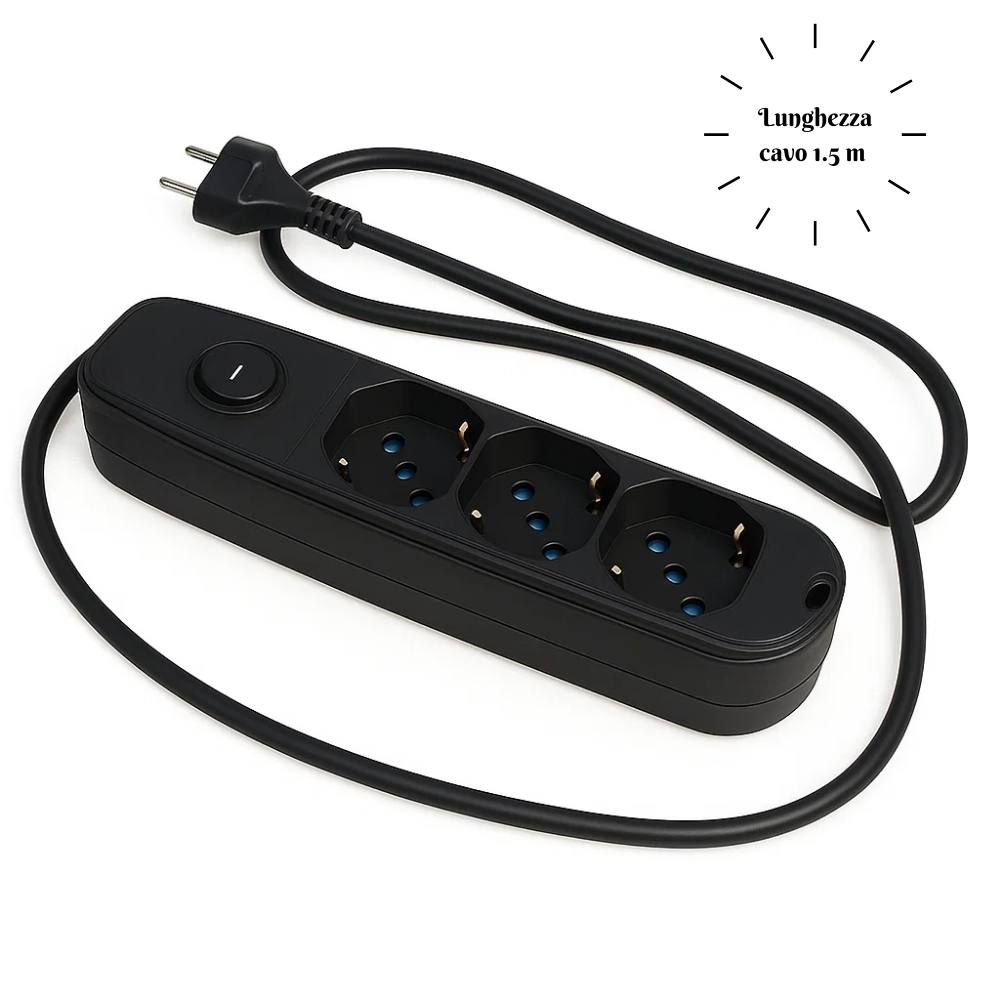 Ecova 30096x multipresa 3 uscite universali nera con cavo 1,5m e interruttore