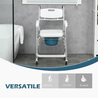 Sedia Comoda con Ruote per Anziani 3 in 1, Sedia per WC in Alluminio con Secchio Rimovibile, Bianco