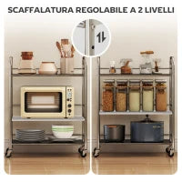 Carrello Multiuso a 4 Livelli con Ripiano Centrale Regolabile e Bordi Rialzati, in Acciaio Inox, 60x35x77 cm