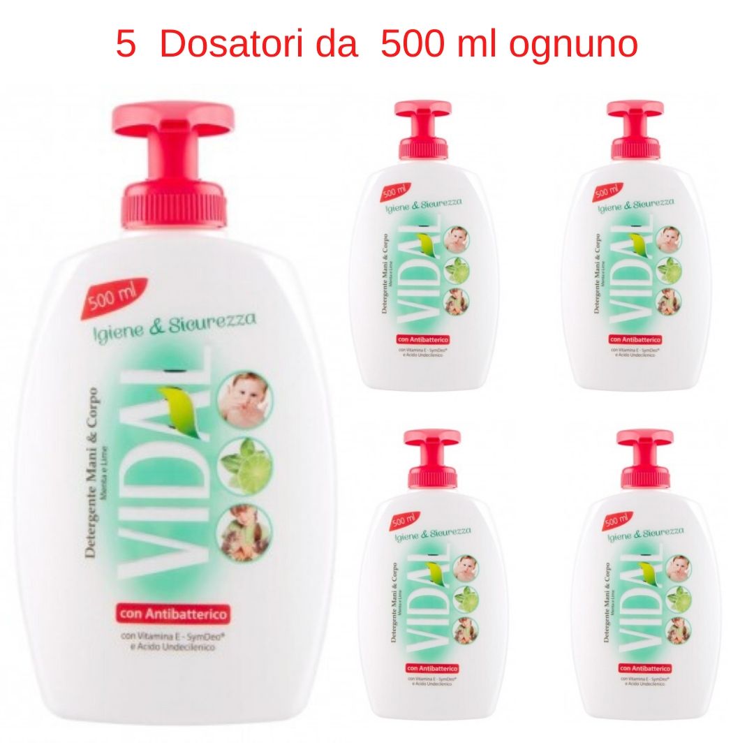 Sapone liquido vidal menta e lime 5 dosatori da 500 ml con antibatterico