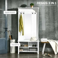 Appendiabiti Attaccapanni da Terra con Specchio Scarpiera 4 Ganci Legno 80x40x170cm Bianco