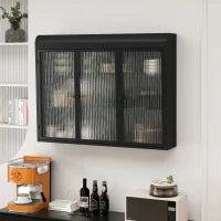 Armadio a Muro a 3 Ante in Vetro con Design Curvo, Spazio di Archiviazione Versatile，per Soggiorno e Bagno, 90×20×70 cm, Nero
