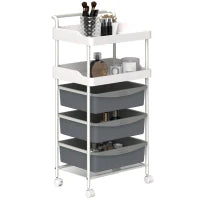 Carrello Portaoggetti con 2 Vassoi Fissi e 3 Vassoi Scorrevoli, in Acciaio e PP, 40x34x85 cm, Bianco e Grigio