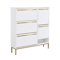 Scarpiera con sgabello per cambio scarpe, per corridoi e camere da letto, 105x25x115,5 cm, Bianco e Oro