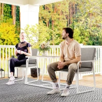 Set da Esterno 3 Pezzi con 2 Sedie con Braccioli e Cuscini e Tavolo con Piano in Vetro, Bianco