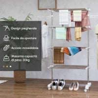 Stendino Verticale Pieghevole in Acciaio e Plastica con 6 Ruote e 4 Ripiani Regolabili, 142x55x172 cm