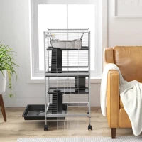 Gabbia per Porcellini d'India e Cincillà in Acciaio con 3 Piani, Ruote e Vassoio Rimovibile, Grigio Chiaro