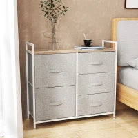 Cassettiera in Metallo Bianco e Legno con 5 Cassetti Pieghevoli e Rimovibili in Tessuto Grigio, 83Lx 29P x 77Acm