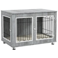 Gabbia per Cani con Vassoio Rimovibile, in Acciaio Effetto Legno, 90 x 58 x 65 cm, Grigio
