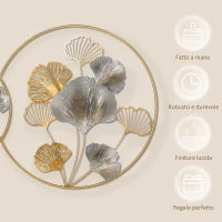 Decorazione Murale 3D in Metallo, Wall Art Dorata con Ginkgo in due Cornici Rotonde, 102x66.2cm, Oro e Argento