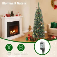 Albero di Natale Illuminato con 150 Luci LED, 30 Pigne e 30 Grappoli di Bacche, Ø60x150 cm, Verde e Argento
