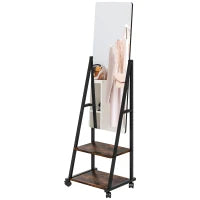 Specchio Da Terra Rettangolare Con Angolo Regolabile, 2 Mensole, 4 Ruote, Nero E Marrone Rustico
