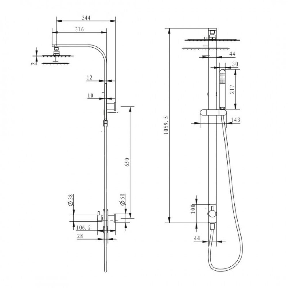 Colonna doccia attrezzata 024 ottone cromato soffione doccetta quadro p46xh106