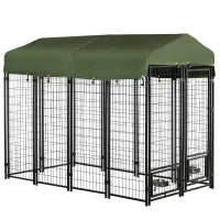 Kennel per Cani in Acciaio per Interni ed Esterni con Tettuccio in Tessuto Oxford e 2 Ciotole, 244x122x183 cm