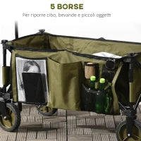 Carrello da Giardino 125L Pieghevole con Maniglia e 5 Sacche, 108x55x93 cm, Verde