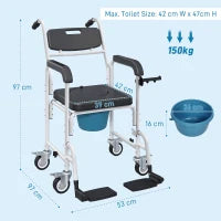 Sedia a Rotelle con WC Impermeabile 4 in 1 con Poggiapiedi Ribaltabili, in Alluminio e Plastica, Nero