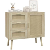 Mobile Multiuso Stile Boho con Armadietto e 3 Cassetti in Legno e Rattan, 80x36x75cm, Rovere