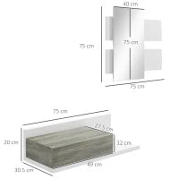 Mobile da Ingresso 2 in 1 con Specchio da Parete 75x3.5x75 cm e Cassetto 75x30.5x20 cm, Grigio e Bianco
