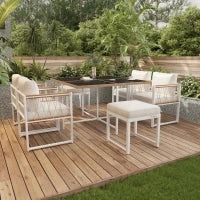 Set da pranzo da esterno a 7 pezzi con tavolo in vetro temperato, intreccio in rattan, cuscini, per 6 persone, Nero e Bianco