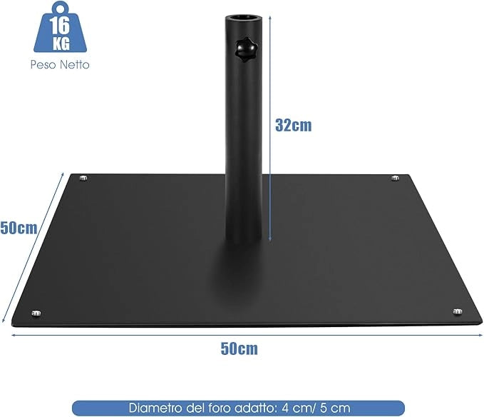 Base per Ombrellone Quadrata da Patio 50cm all'Aperto da 16kg con 4 Piedini Regolabili, Adattatori da 4cm/5cm Manopola di Serraggio Installazione Veloce, per Patio Piscina