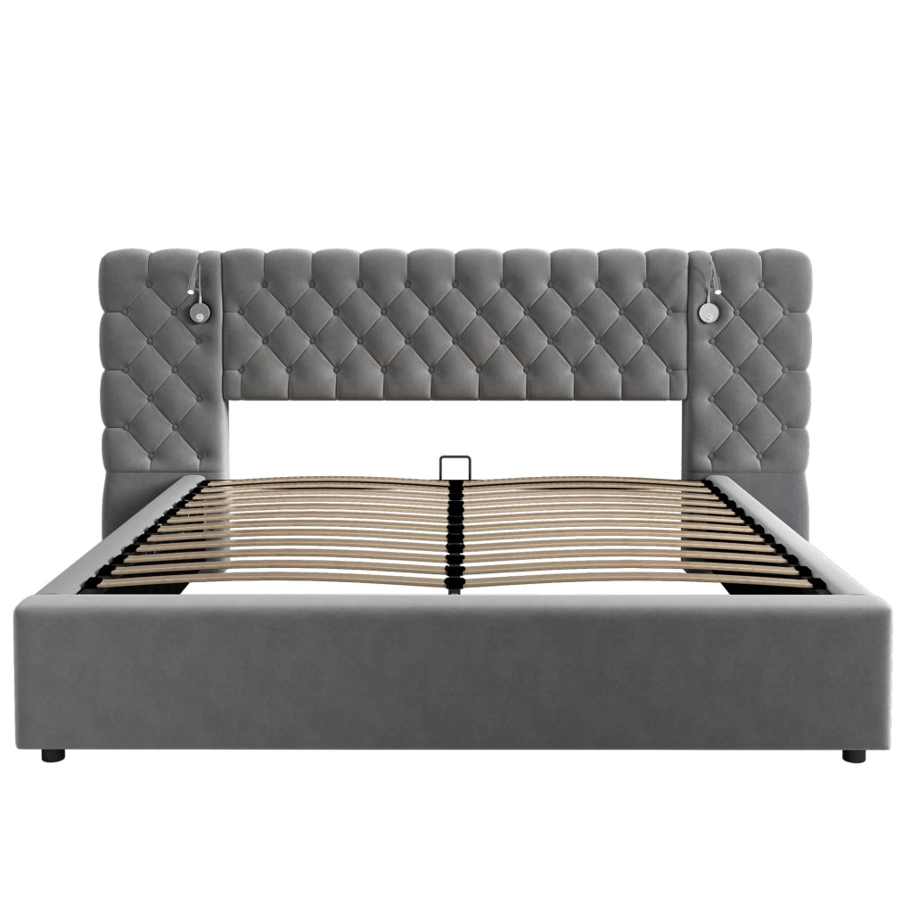 Letto imbottito 160x200 cm in velluto grigio con luce da lettura e contenitore