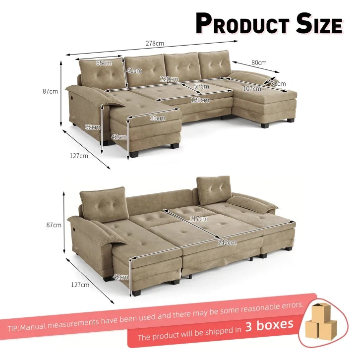 Divano Angolare U 278cm con Letto Estraibile e USB ¨C Xylo ¨C Cammello
