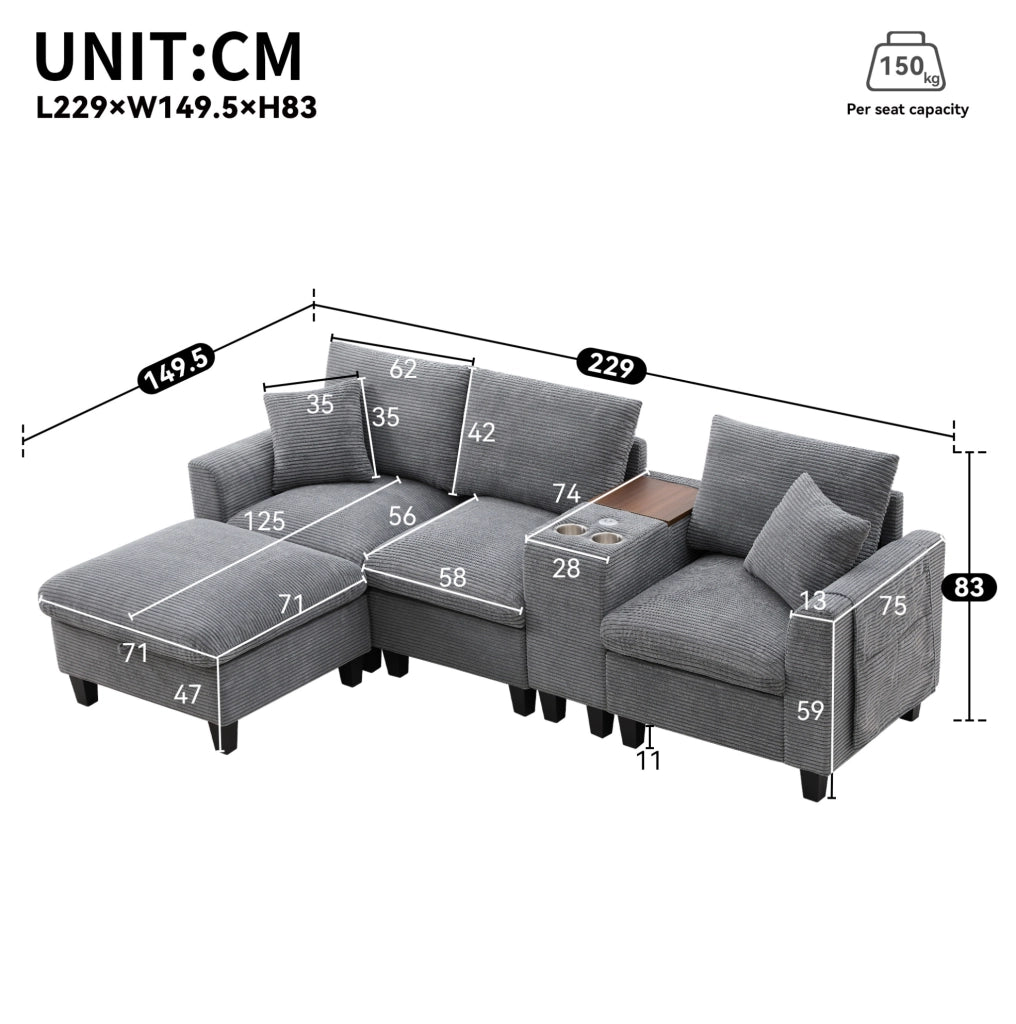 Divano angolare modulare con pouf contenitore; console con 2 USB e portabicchieri; corduroy grigio