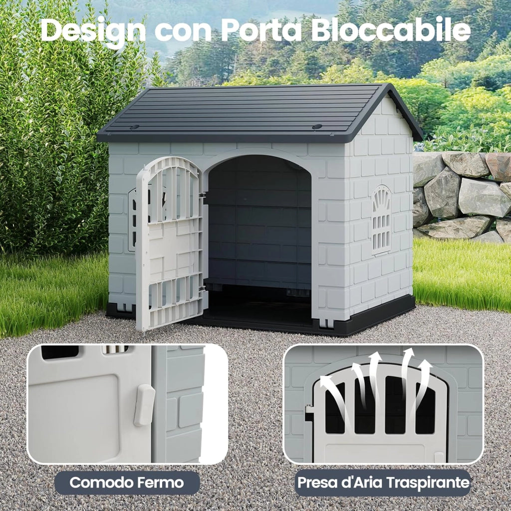 Cuccia per Cani da Esterno ed Interno, Cassetta per Cani con Porta Bloccabile, 3 Finestre e Tetto Inclinato, Cucce per Cagnolino in Plastica Impermeabile (Grigio)
