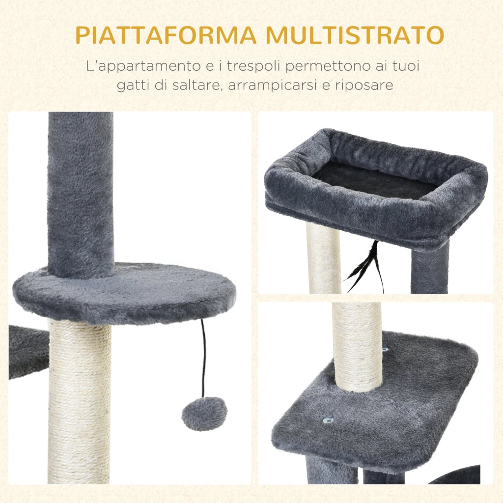 Tiragraffi con Cuccia per Gatti 2 Ripiani 48x35x100 cm in Legno Sisal  Bianco e Grigio
