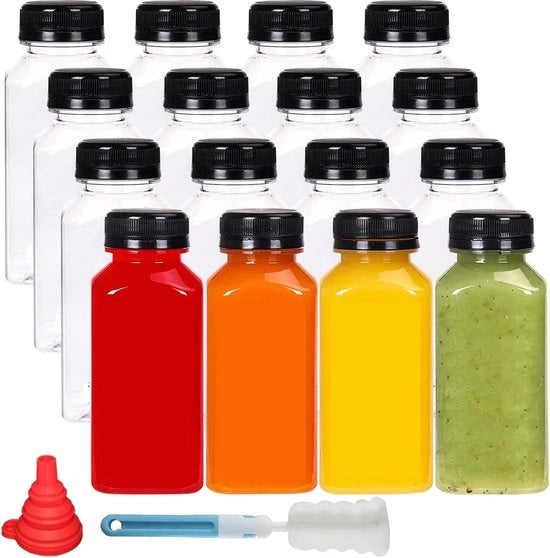 16 set di bicchieri in plastica per succhi di frutta da 250 ml per riempire, contenitore per succhi di frutta riutilizzabile vuoto inclusa spazzola per pulizia e cucchiaio in silicone, ideale per mini-frigorifero e succhi di frutta in bottiglie