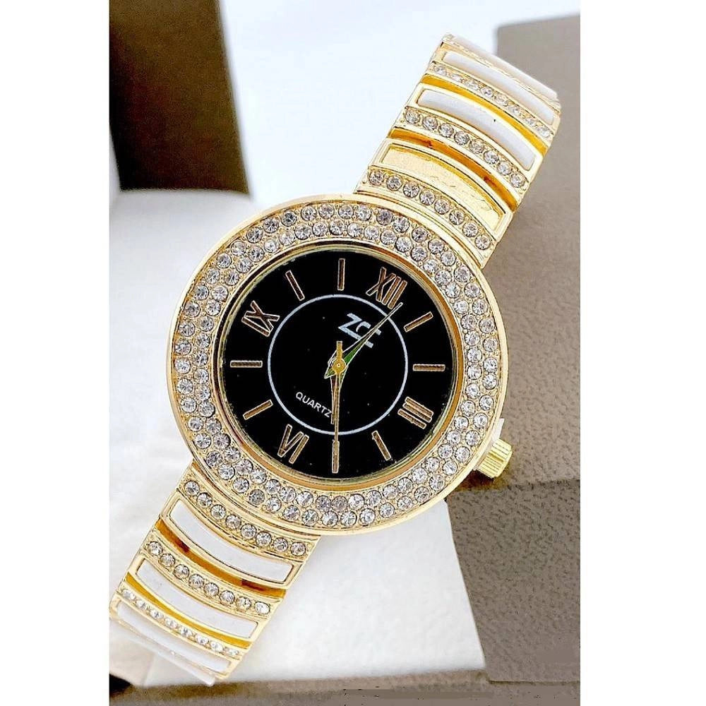 Trade Shop - Orologio Polso Zcc Donna Quarzo Acciaio Analogico Brillantini Dorato Nero Bianco -