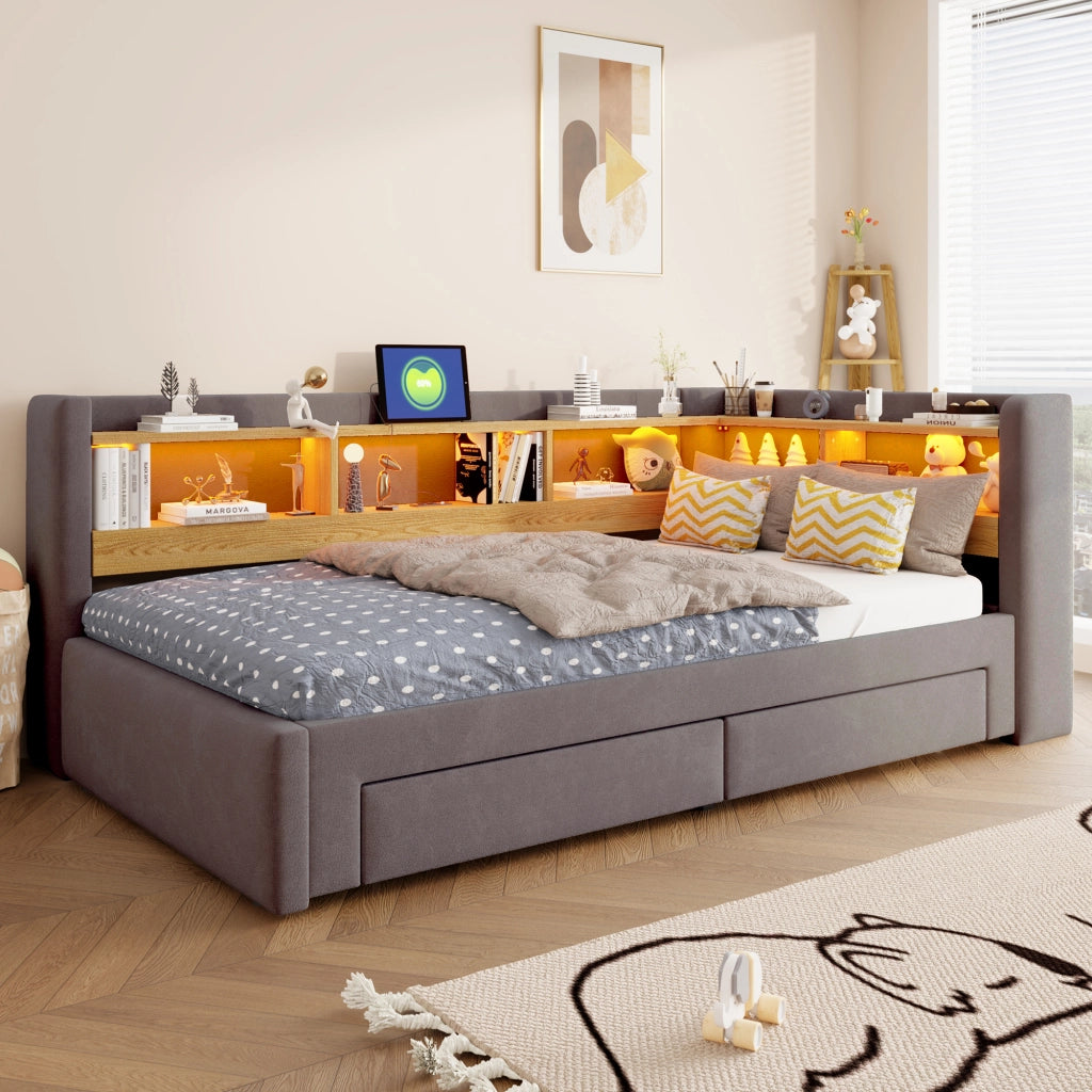 Divano letto estraibile 3 in 1 90x200 cm con cassetti; LED e presa; grigio