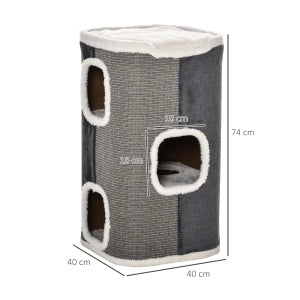 Tiragraffi per gatti a 3 livelli con fori, rivestimento in poliestere, colore grigio, 40x40x74 cm
