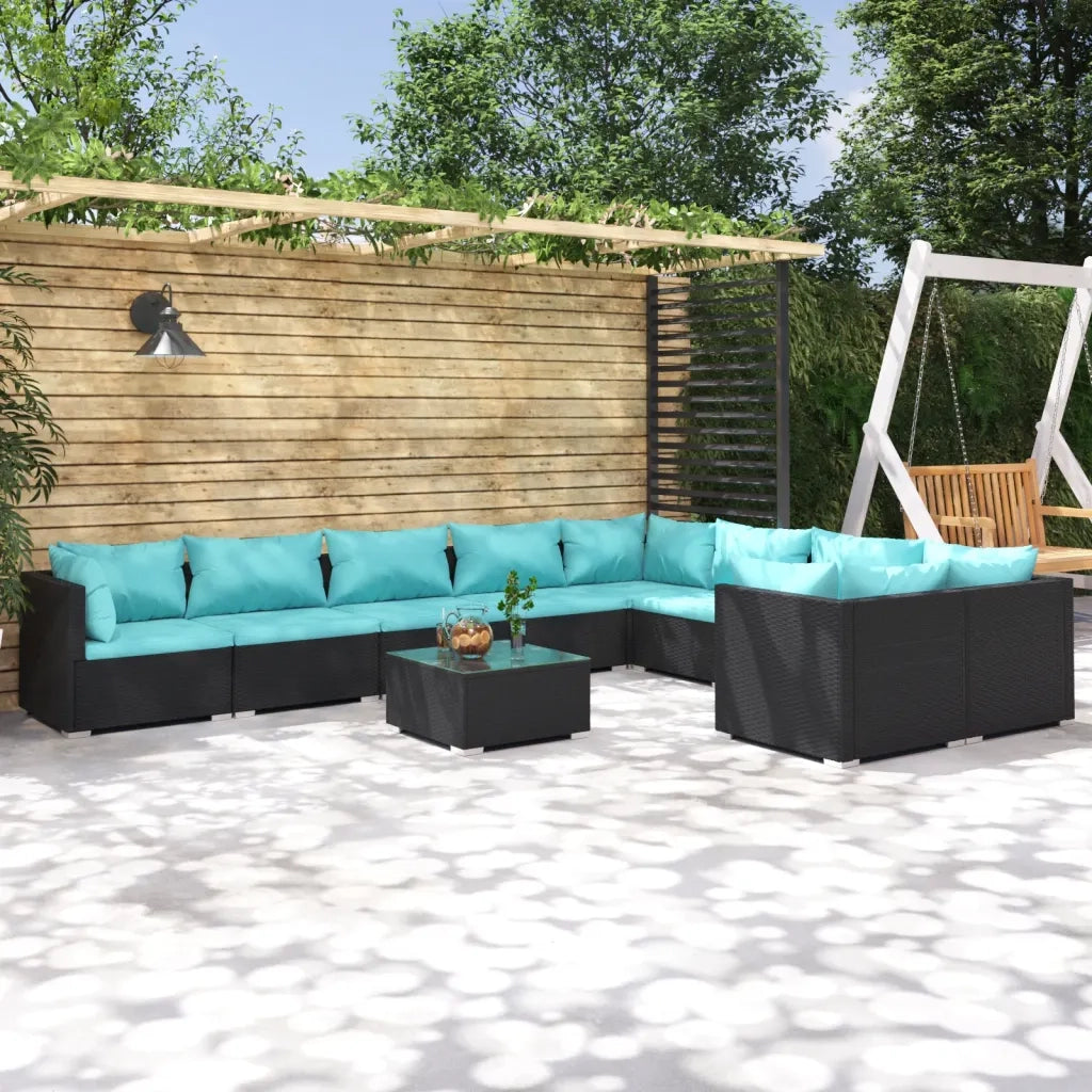 Set Divani da Giardino 10 pz con Cuscini in Polyrattan Nero 3102769