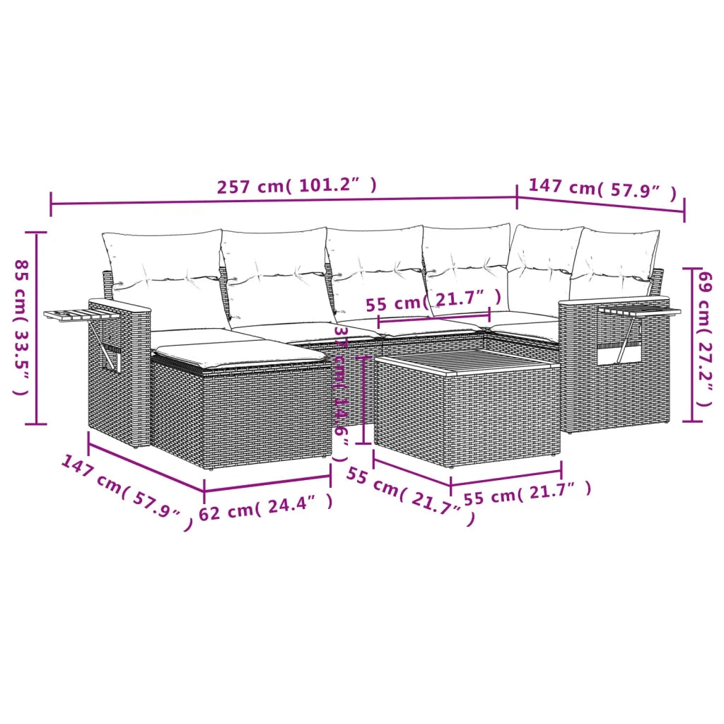 Set Divani da Giardino 7 pz con Cuscini Beige in Polyrattan